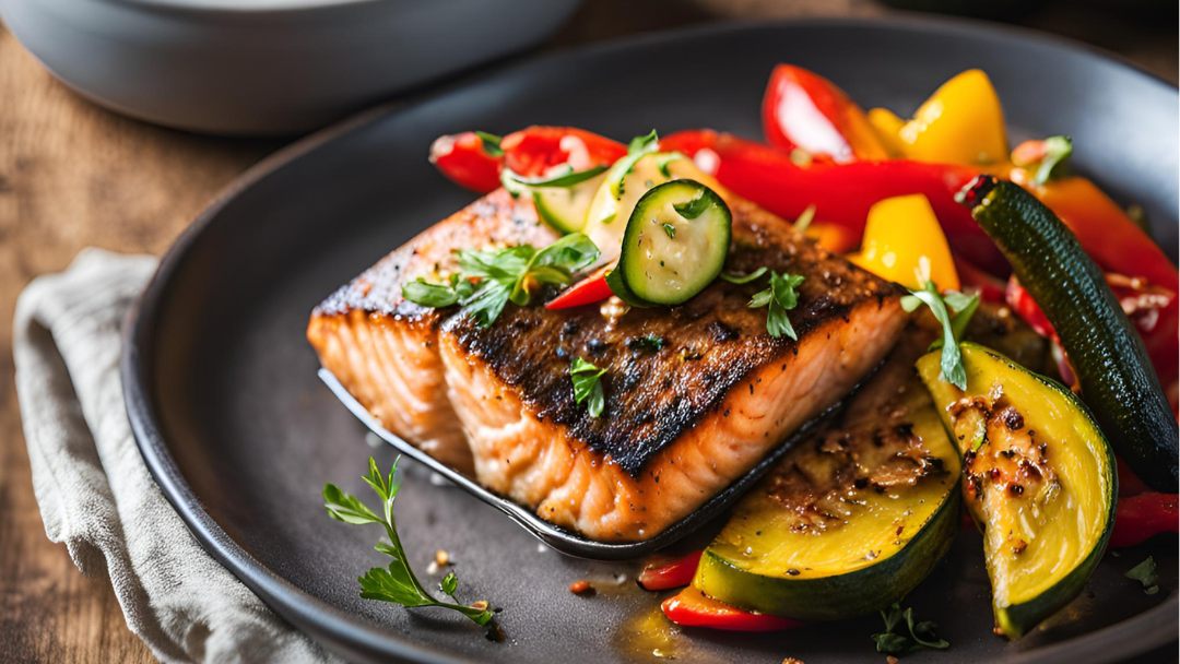 Gebratener Lachs mit Zucchini und Paprika