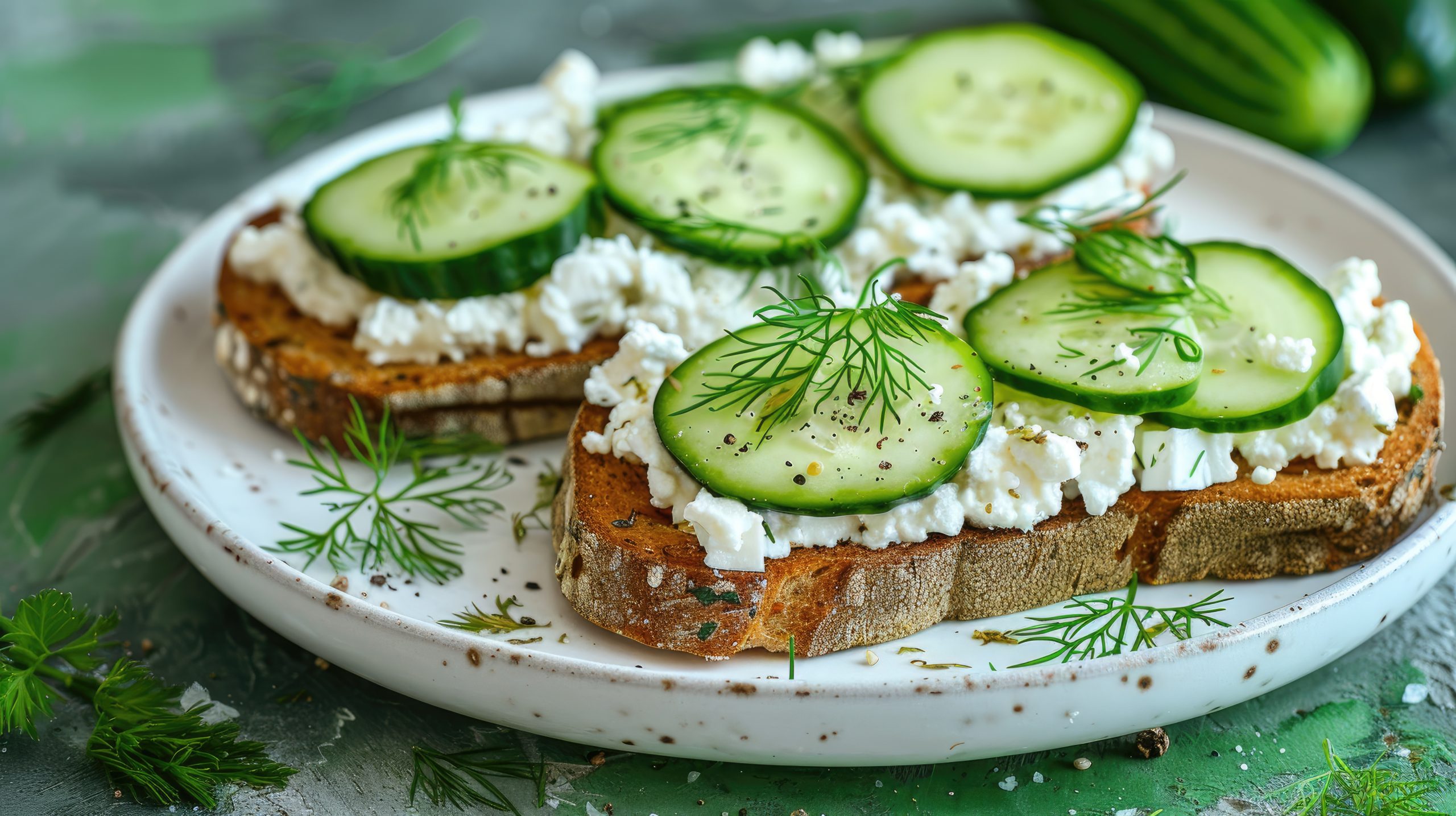 Vollkornbrot mit Hüttenkäse und Gurke