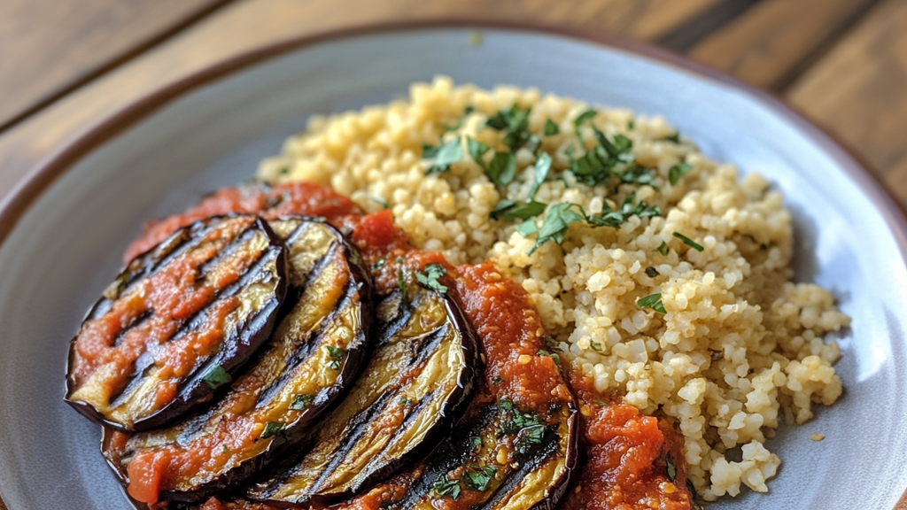 Gegrillte Auberginen mit Tomatensauce und Bulgur