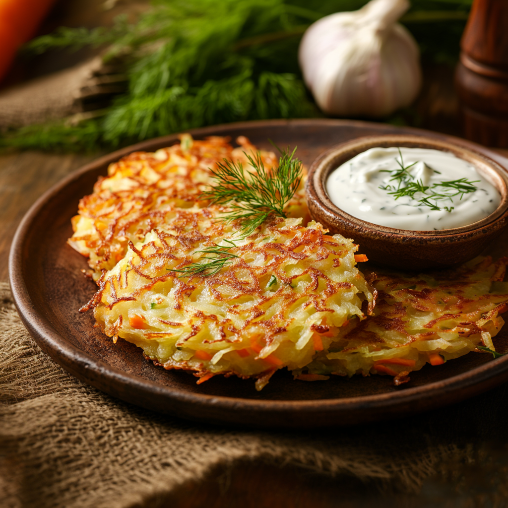 Kohlrabi-Karotten-Rösti mit Joghurt-Dip