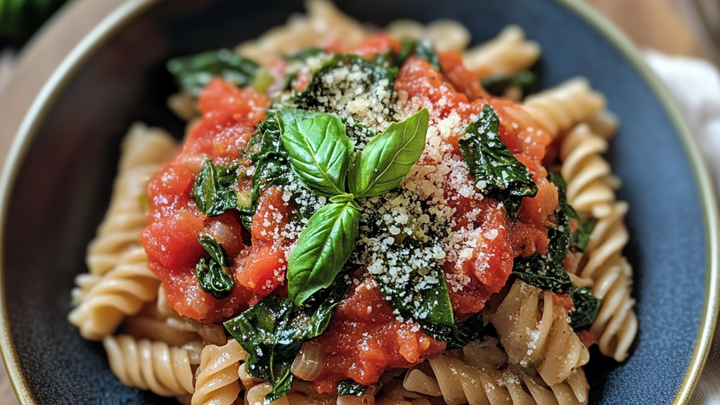 Vollkornnudeln mit Tomatensauce und Spinat