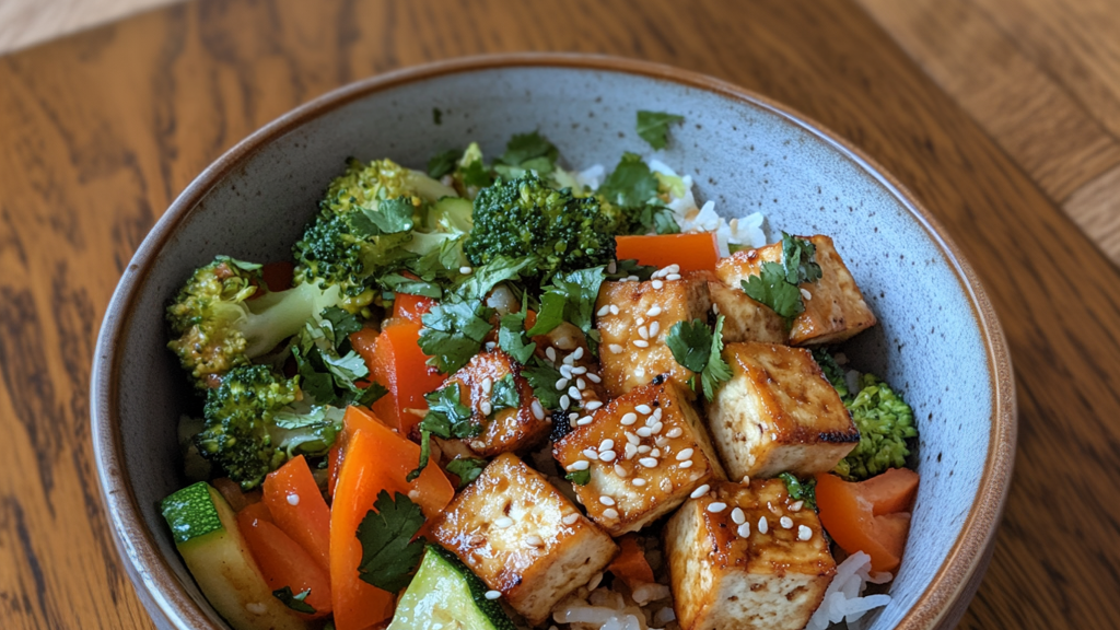 Vollkornreis mit Gemüse und Tofu