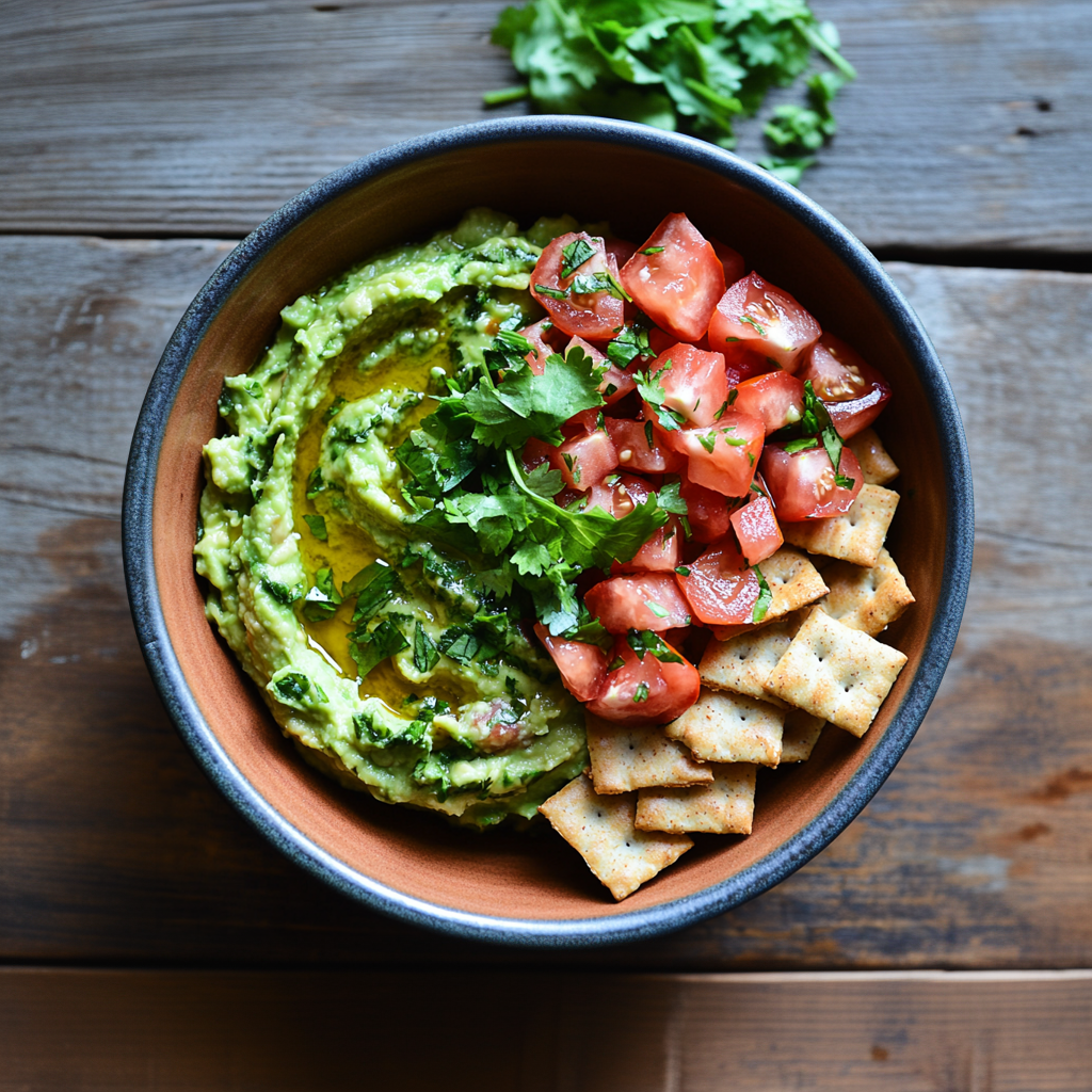 Avocado-Tomaten-Dip mit Vollkorn-Crackern